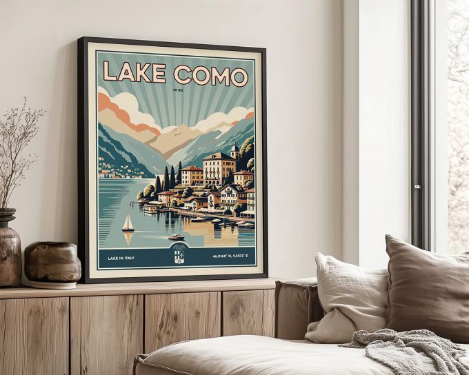 Retro-style poster featuring Lake Como with mountains and a sailboat in the foreground.