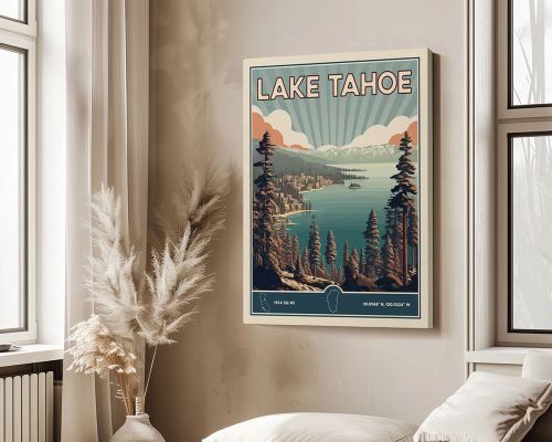 Retro-style poster featuring Lake Tahoe with mountains and trees in the foreground.