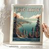 Retro art print of Lake Tahoe featuring mountains and water in a framed display.