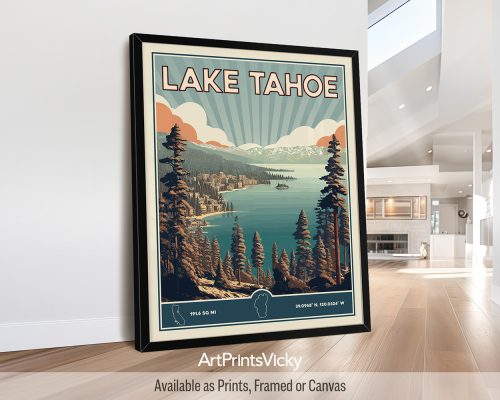 Lake Tahoe Poster Inspired by Retro Travel Art by ArtPrintsVicky