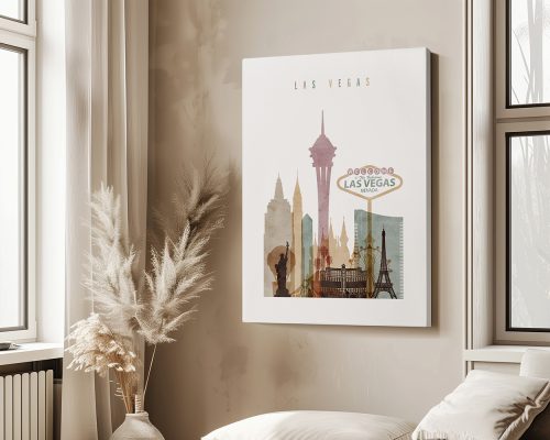 Art print featuring a stylized cityscape of Las Vegas with iconic landmarks and a muted color palette.