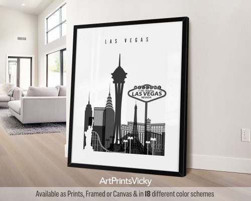 Black and white Las Vegas skyline art print by ArtPrintsVicky