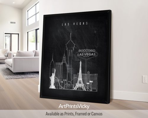 Las Vegas city skyline print featuring white chalk outlines of iconic neon landmarks on a textured black background by ArtPrintsVicky.