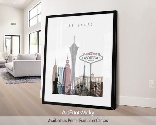 Distressed Las Vegas skyline print with a subtle vintage texture, featuring iconic landmarks by ArtPrintsVicky.