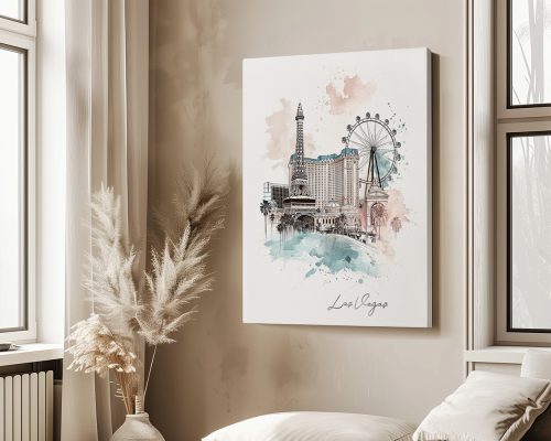 Artistic depiction of Las Vegas featuring the Strip, Ferris wheel, and palm trees in a watercolor style.