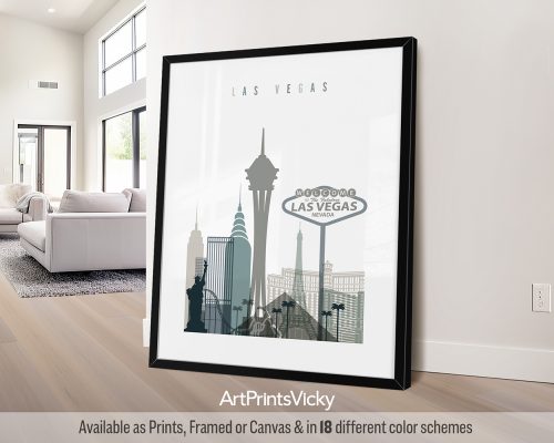 Las Vegas minimalist city print in cool Earth Tones 4 style. Features iconic casino hotels, neon sign by ArtPrintsVicky