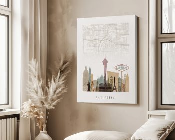 Map of Las Vegas featuring key landmarks and streets in a detailed design.