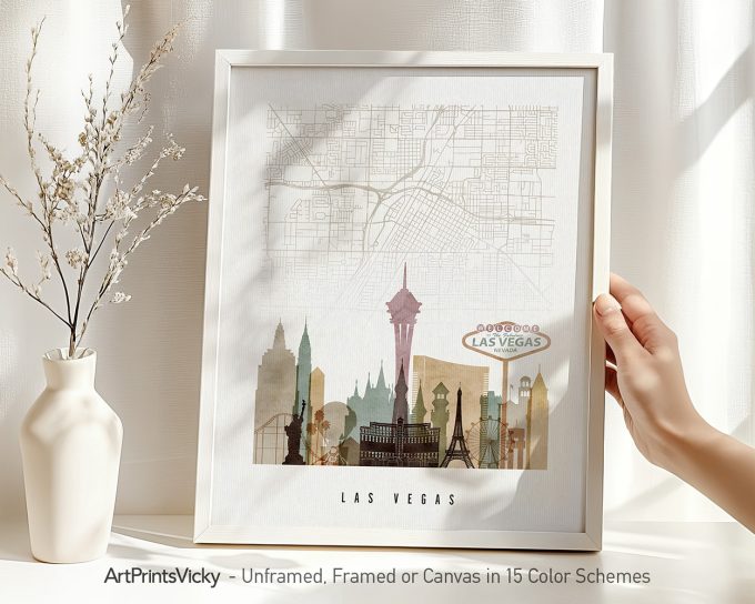 Art print of a Las Vegas map featuring iconic landmarks and a light color scheme.