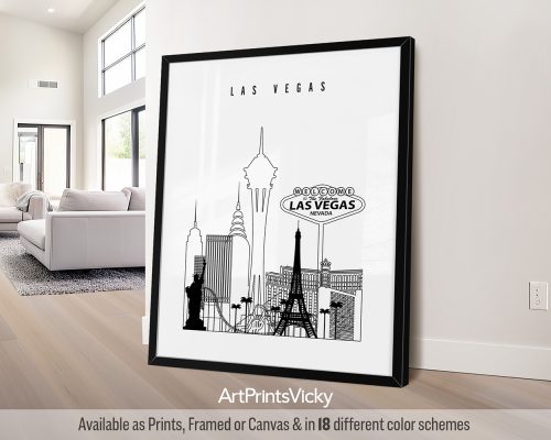 Black outline minimalist Las Vegas skyline print by ArtPrintsVicky