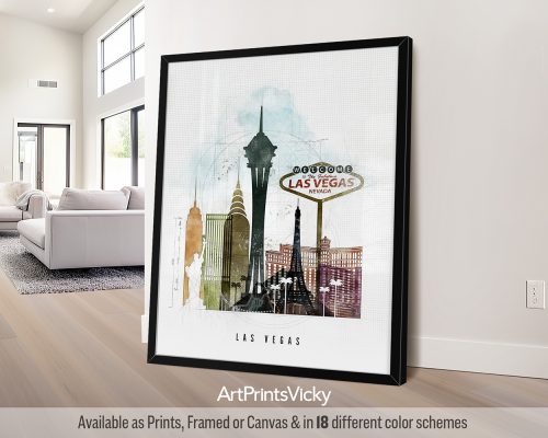 Las Vegas skyline reimagined in a bold, geometric Urban 2 style with vibrant colors, by ArtPrintsVicky.