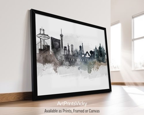 Watercolor art poster of the Las Vegas skyline, featuring iconic landmarks and neon lights, by ArtPrintsVicky.