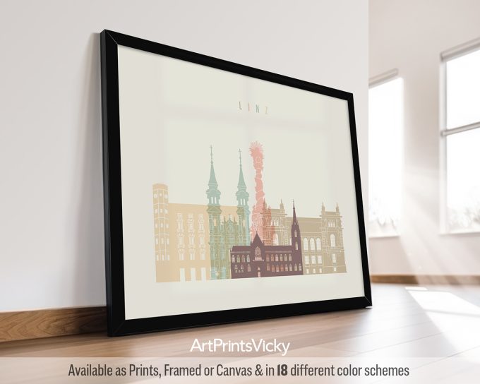 Framed artwork depicting a cityscape of Linz with notable buildings and structures.