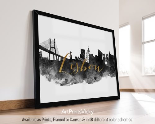 Black and white poster of the Lisbon skyline (or landmark, tram scene) featuring iconic landmarks in contrasting tones, with a decorative faux gold title by ArtPrintsVicky.
