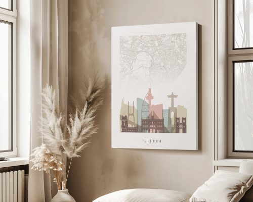 Art print featuring a stylized map of Lisbon with notable landmarks illustrated.