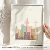 Art print featuring a stylized representation of Lisbon's landmarks in pastel colors.