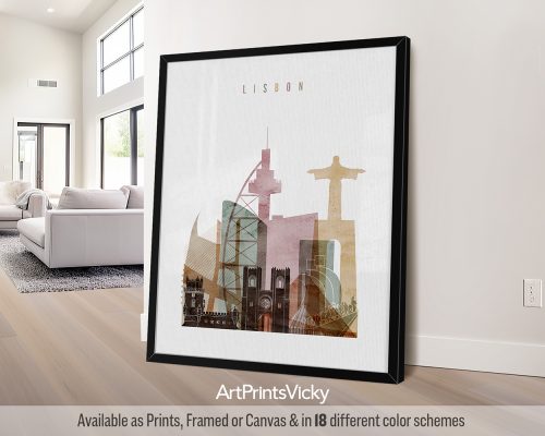 Minimalist Lisbon skyline print featuring São Jorge Castle, rolling hills, and vibrant cityscape in a rich and textured warm Watercolor 1 style, by ArtPrintsVicky.