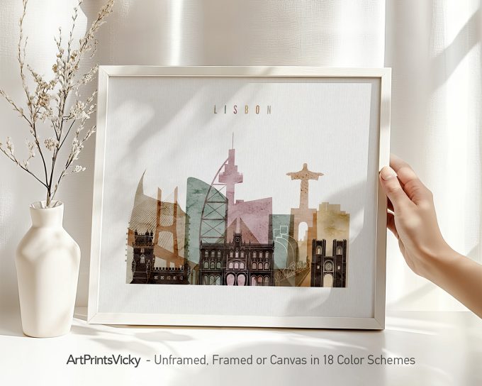 Art print featuring a stylized cityscape of Lisbon with various architectural elements.