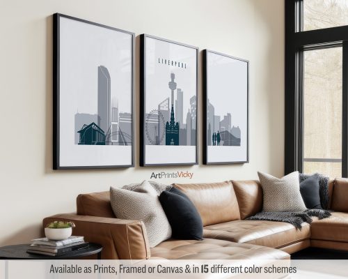 Liverpool skyline triptych featuring the Liver Building, the Albert Dock, iconic landmarks, and vibrant cityscape in a cool Grey Blue color scheme, divided into three contemporary prints. by ArtPrintsVicky.