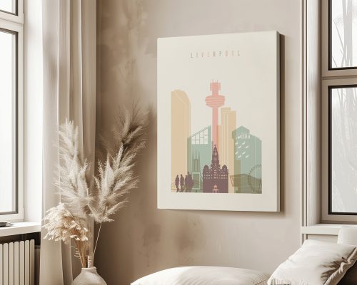 Art print depicting a stylized cityscape of Liverpool with buildings and a tower.