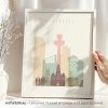 Art print featuring a stylized cityscape of Liverpool with notable buildings and a tower.