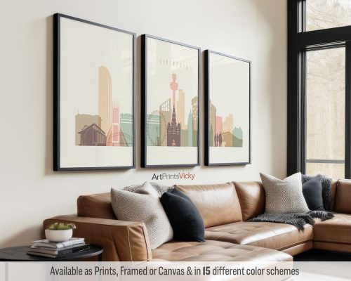 Liverpool skyline triptych featuring the Liver Building, the Albert Dock, iconic landmarks, and vibrant cityscape in a warm, vintage-inspired Pastel Cream palette, divided into three contemporary prints. by ArtPrintsVicky.