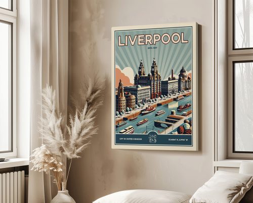 Retro-style print of Liverpool featuring buildings and boats on the water.