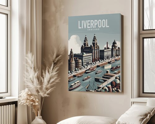Illustrated cityscape of Liverpool, England featuring buildings and boats on the water.