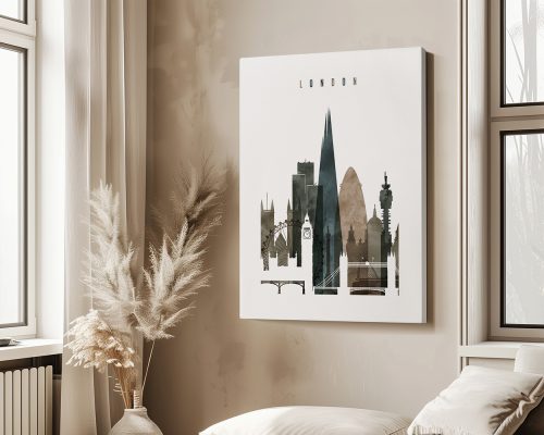 Art print featuring a stylized silhouette of London's skyline with notable landmarks.