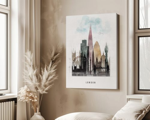 Art print featuring a stylized cityscape of London with notable buildings and landmarks.