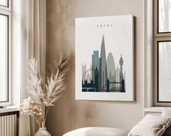 Stylized illustration of London's skyline featuring notable landmarks in muted colors.