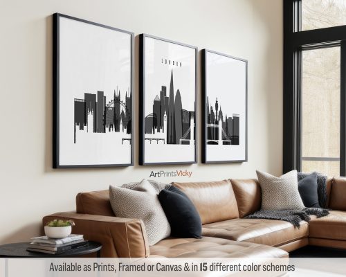 Black and white minimalist London skyline triptych featuring Big Ben, the Tower Bridge, the Houses of Parliament, and other iconic landmarks, divided into three contemporary prints. by ArtPrintsVicky.