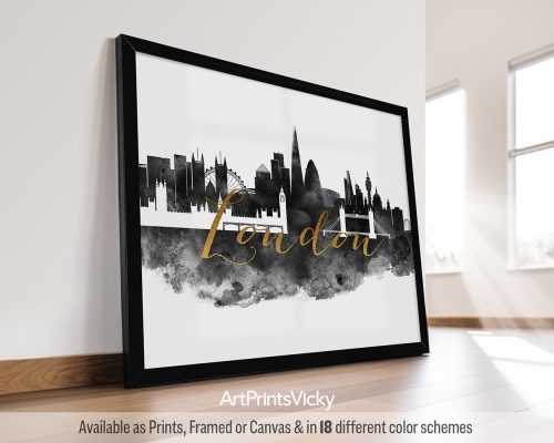 Black and white poster of the London skyline, featuring iconic landmarks in contrasting tones, with a decorative faux gold title by ArtPrintsVicky.