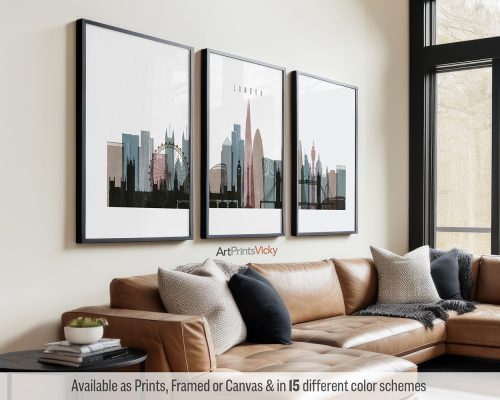 London skyline triptych featuring Big Ben, the London Eye, iconic landmarks, and vibrant cityscape in a textured and vintage Distressed 1 style, divided into three contemporary posters. by ArtPrintsVicky.