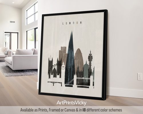 Distressed London skyline art print with a worn, vintage aesthetic, featuring iconic landmarks by ArtPrintsVicky.