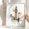 Artistic illustration of Big Ben with watercolor effects and a clock tower in London.