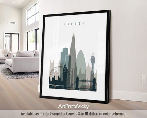 London minimalist city print in cool Earth Tones 4 style featuring Big Ben, the London Eye, and St Paul's Cathedral by ArtPrintsVicky
