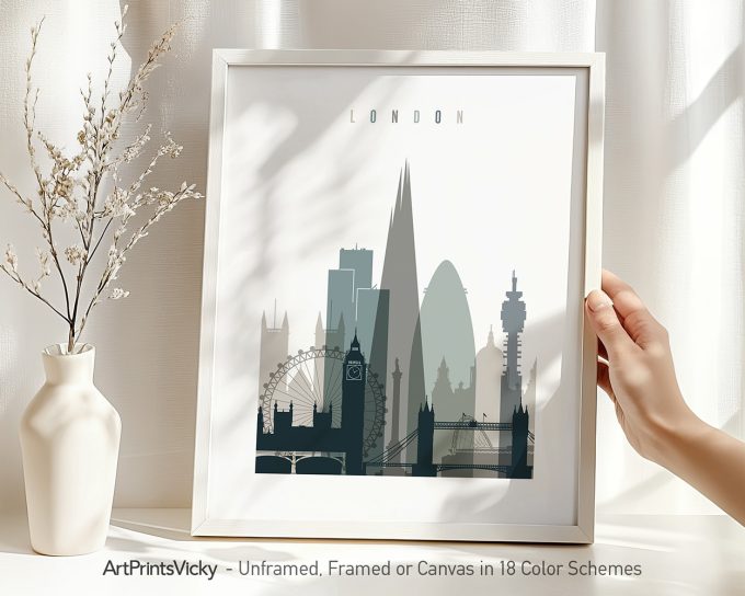 Art print featuring a silhouette of London's skyline with notable landmarks.