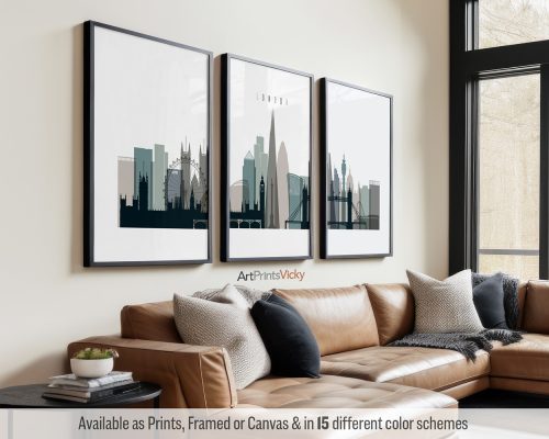 London skyline triptych featuring Big Ben, the London Eye, iconic landmarks, rendered in a cool, natural "Earth Tones 4" color palette, divided into three contemporary posters. by ArtPrintsVicky.