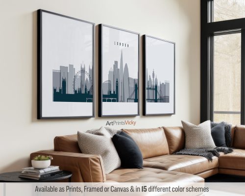 London skyline triptych featuring Big Ben, the London Eye, iconic landmarks, rendered in a cool, sophisticated Grey Blue color palette, divided into three contemporary prints. by ArtPrintsVicky.