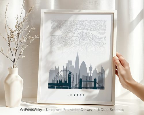 Framed map print of London featuring key landmarks and a detailed layout in a minimalist design.