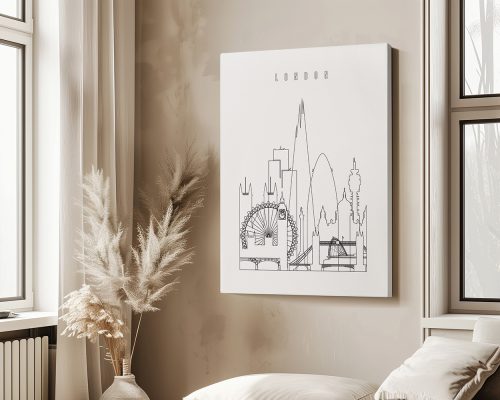 Line art illustration of London's skyline featuring notable landmarks like the London Eye and Shard.