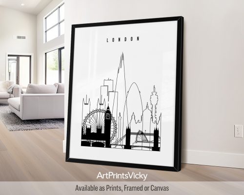 Black outline minimalist London skyline print by ArtPrintsVicky