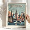 Retro-style print of London featuring iconic landmarks like Big Ben and the Shard.