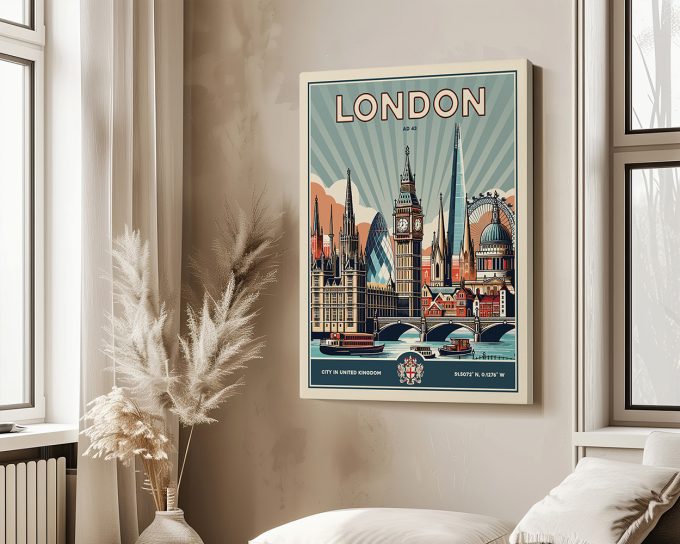 Retro art print of London featuring iconic landmarks and a vintage design.