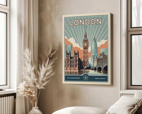 Art print featuring a stylized illustration of London with Big Ben and modern buildings.