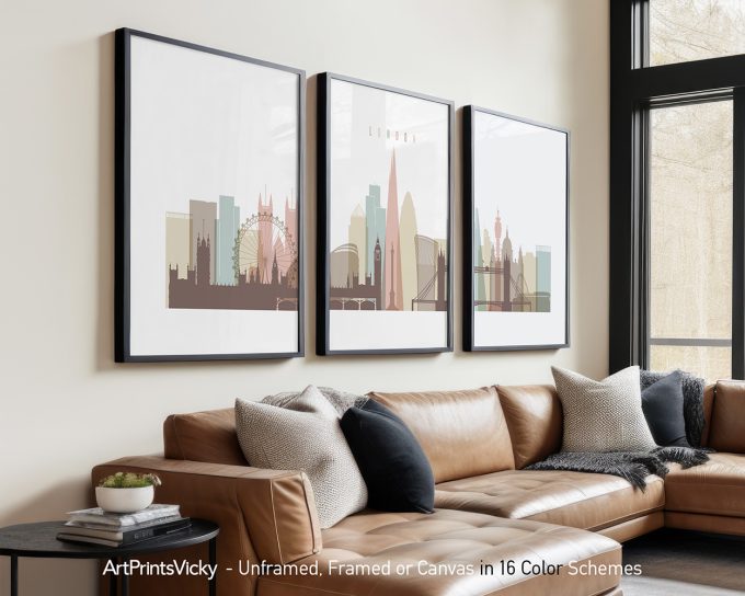Three framed prints of a stylized London cityscape featuring iconic landmarks.