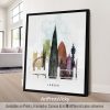 Framed art print of a London cityscape featuring iconic landmarks in a colorful design.
