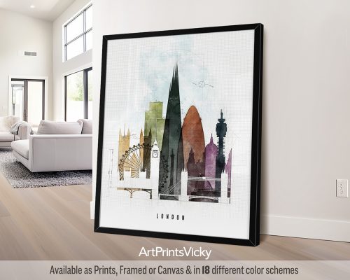 London skyline with Big Ben, the London Eye, and other landmarks in a bold, geometric Urban 2 style with vibrant colors, by ArtPrintsVicky.