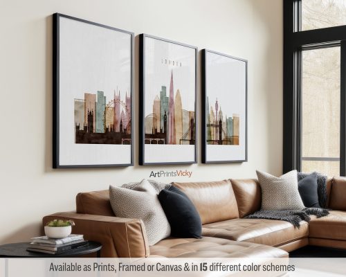 Minimalist London skyline triptych featuring Big Ben, the London Eye, and iconic landmarks, rendered in a soft watercolor 1 style, divided into three contemporary prints. by ArtPrintsVicky.