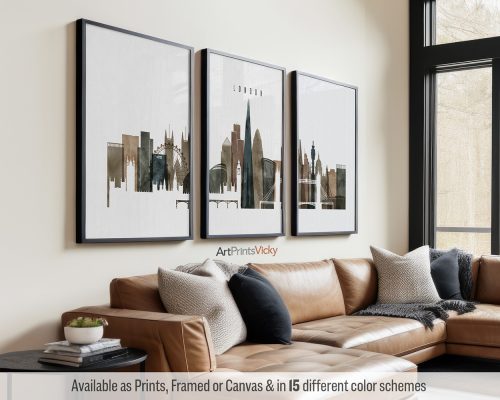 London skyline triptych featuring Big Ben, the London Eye, and iconic landmarks, rendered in a rich and textured watercolor 2 style, divided into three contemporary prints. by ArtPrintsVicky.